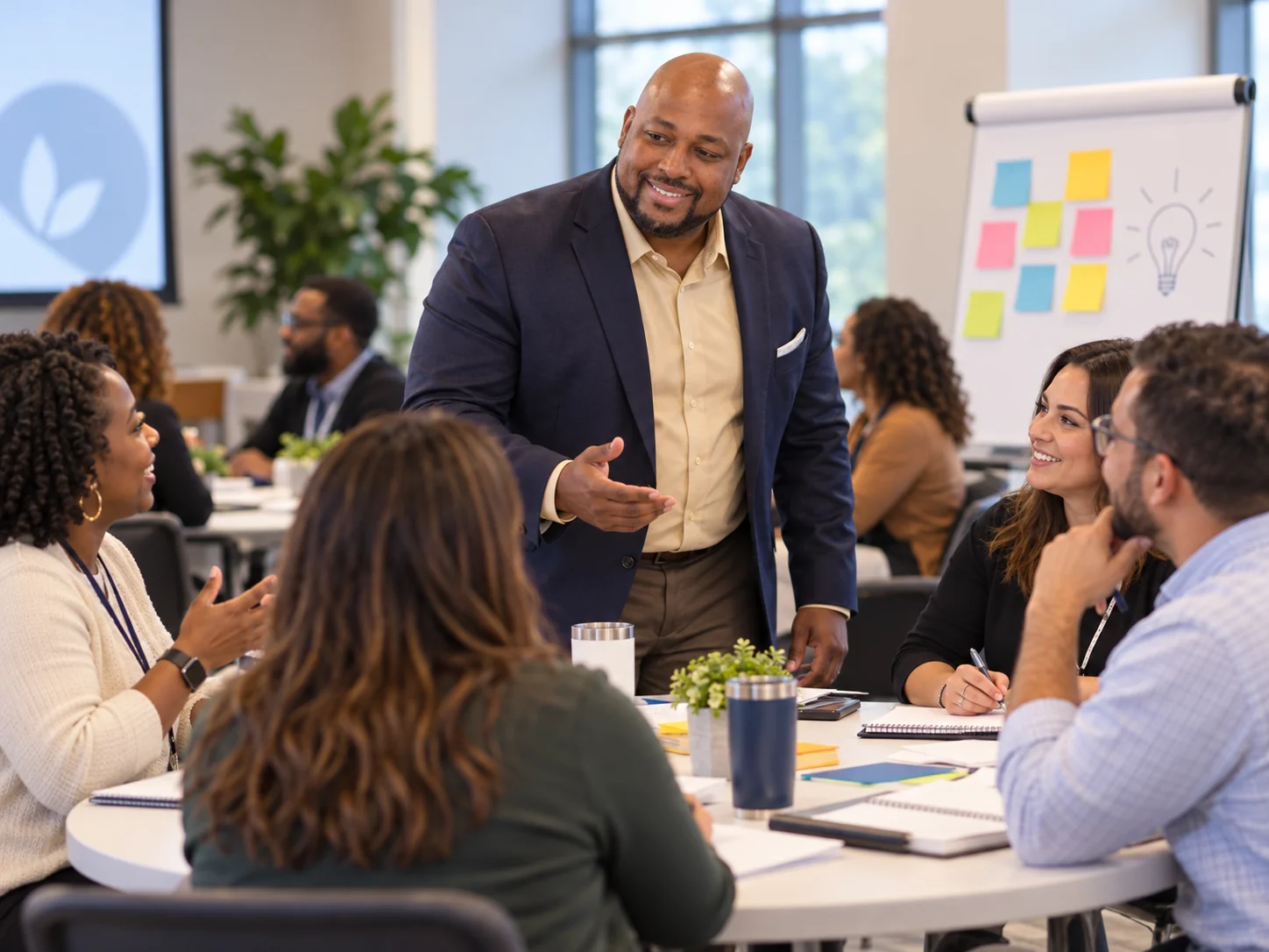 Illustrative scene of Sensei Fred Jordan guiding adult participants in an interactive roundtable discussion