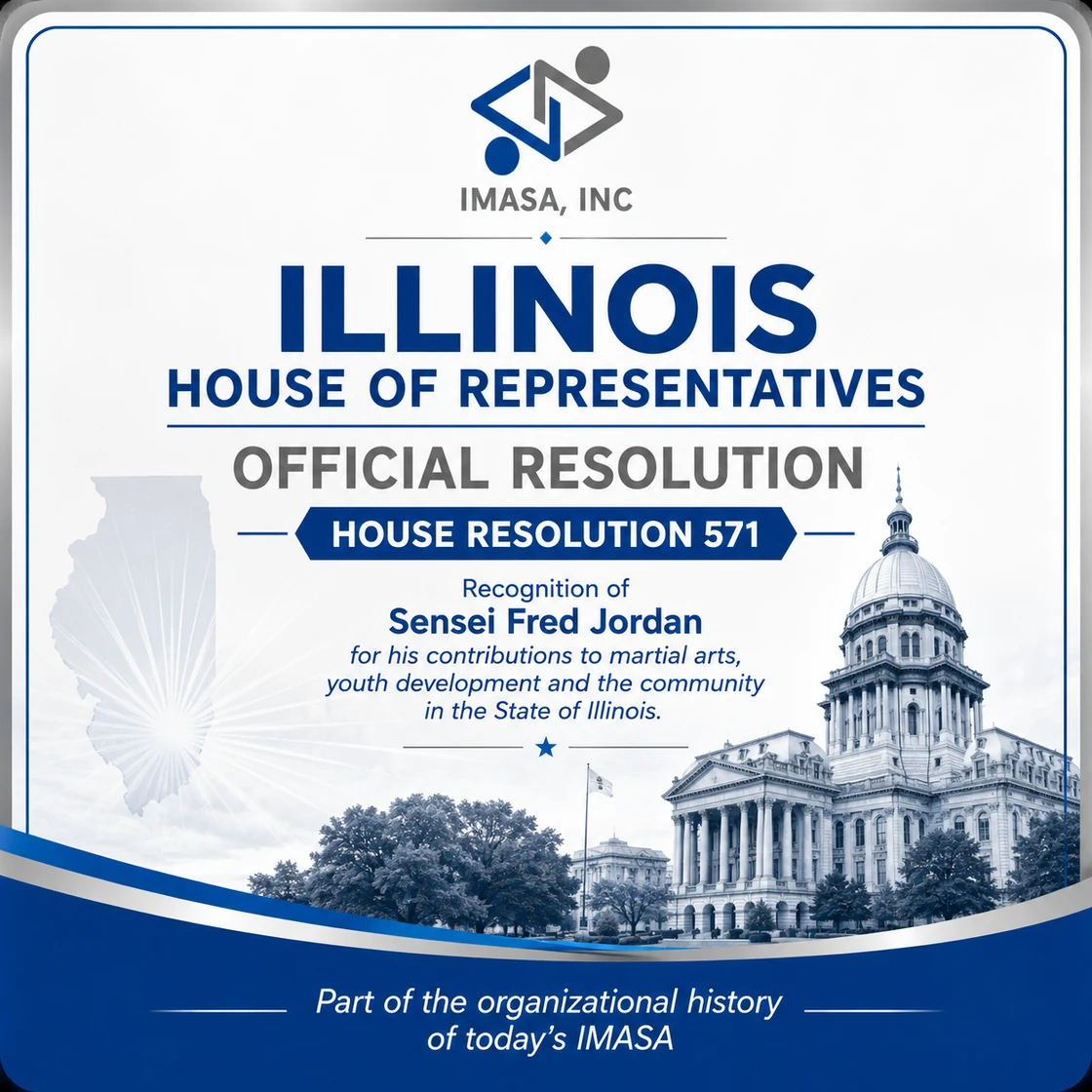 Illustrative blue-and-silver website card representing Illinois House Resolution 571 honoring Sensei Fred Jordan; not the original resolution